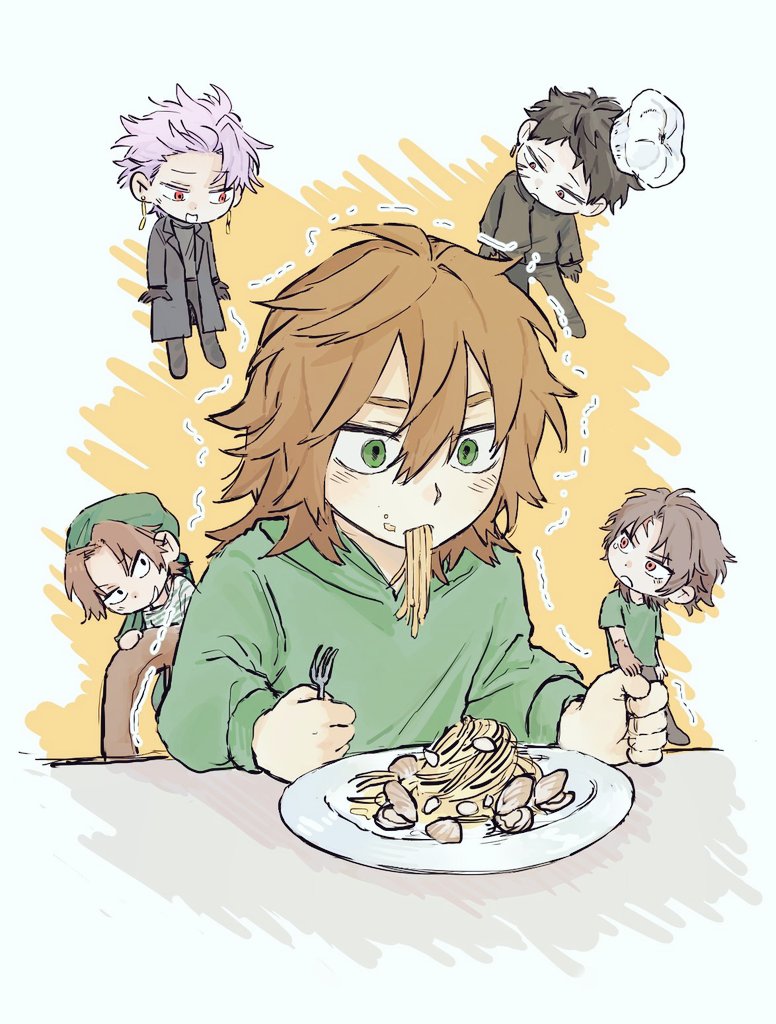 1girl, 4boys, annie_(saibou_shinkyoku), black_coat, black_hair, black_jacket, black_pants, black_shirt