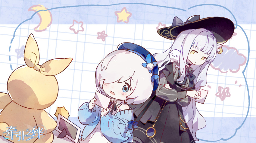 2girls, beret, black_dress, blue_eyes, closed_mouth, dress, hat, highres