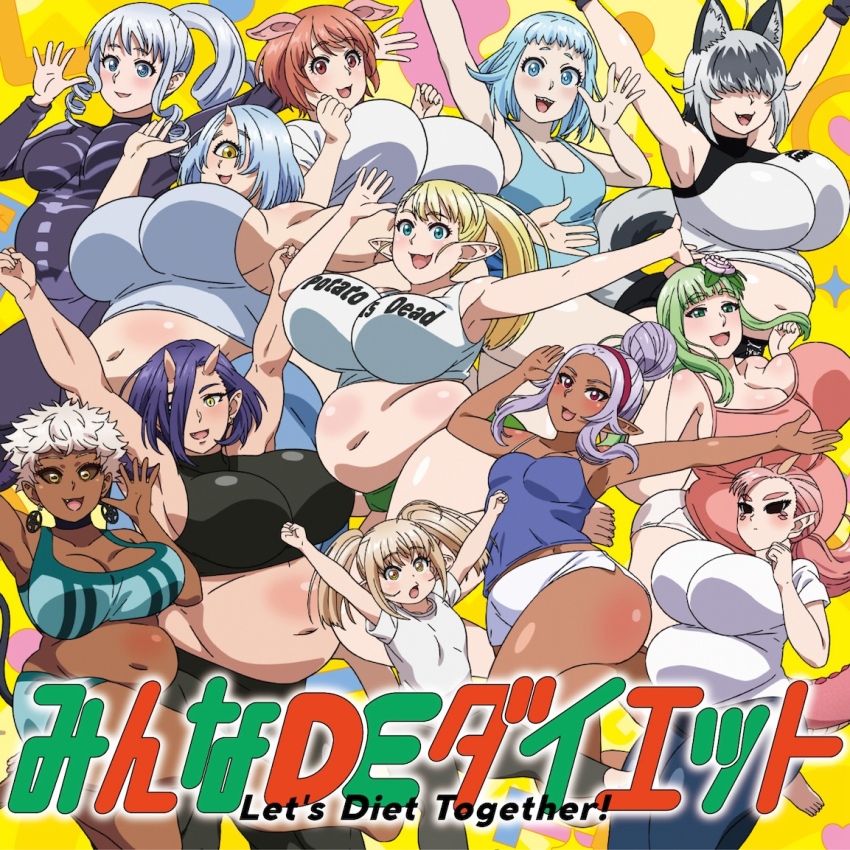 6+girls, animal_ear_fluff, animal_ears, blonde_hair, blue_hair, blunt_bangs, blush, breasts