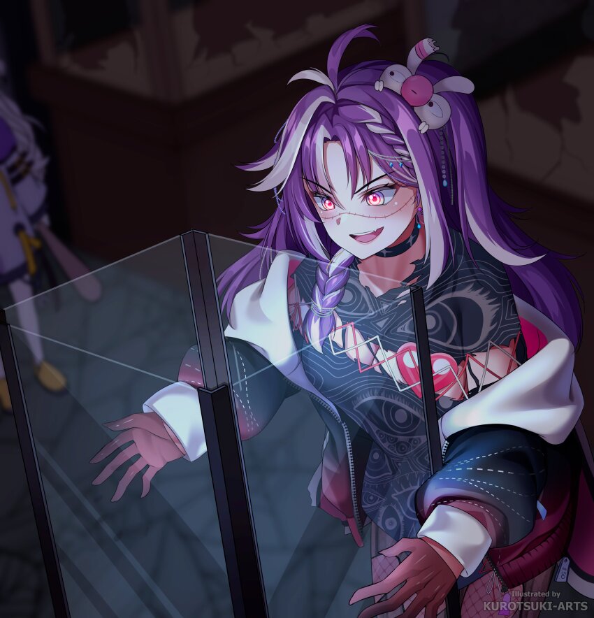 2girls, absurdres, antenna_hair, artist_name, black_choker, black_dress, black_jacket, breasts