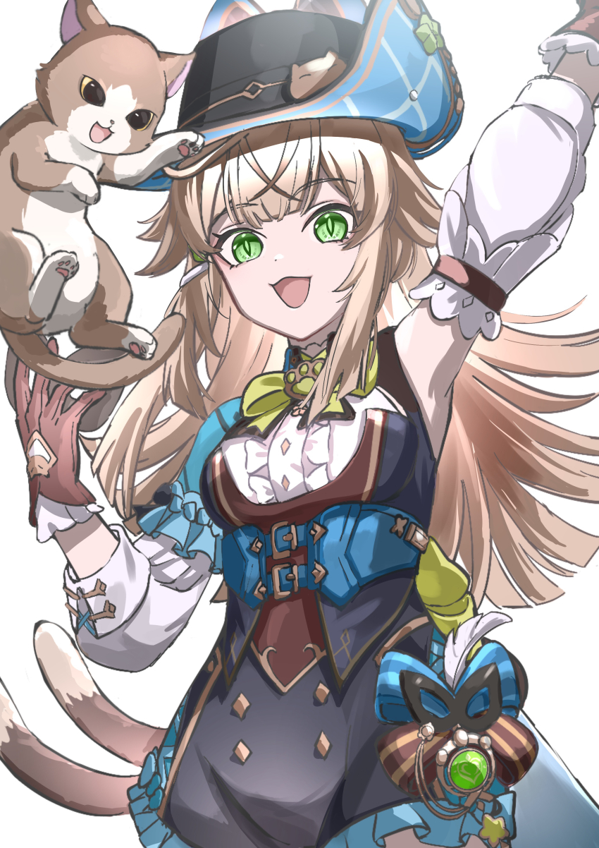 1girl, :3, :d, absurdres, arm_up, armpits, blonde_hair, cat