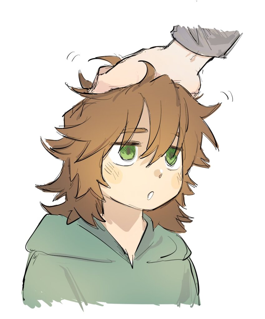 1boy, brown_hair, commentary_request, gigantea_pp, green_eyes, green_hoodie, grey_shirt, headpat, highres, hood, hood_down, hoodie, isoi_reiji, jitome, korean_commentary, long_sleeves, male_focus, medium_hair, open_mouth, saibou_shinkyoku, sanpaku, shirt, simple_background, solo_focus, white_background