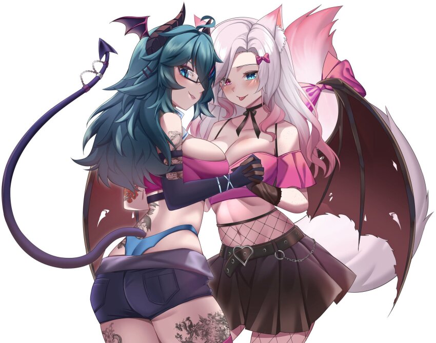 2girls, ahoge, animal_ear_fluff, animal_ears, arm_tattoo, aruna_reaver, back_tattoo, bat_wings