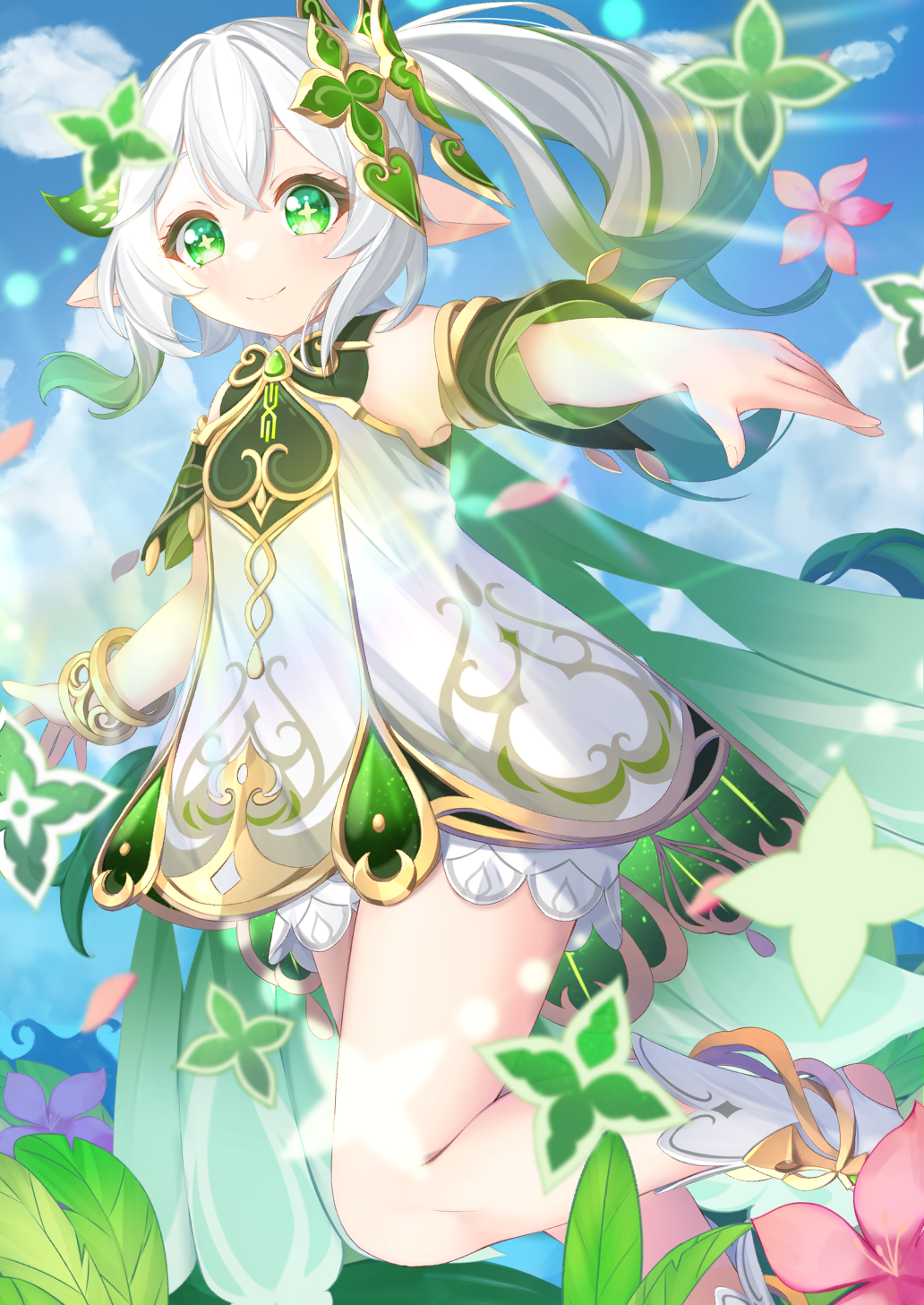 1girl, bare_shoulders, bloomers, blue_sky, bracelet, cape, cloud, commentary, day, detached_sleeves, dress, foot_out_of_frame, gem, genshin_impact, gold_trim, gradient_hair, green_cape, green_eyes, green_gem, green_hair, green_sleeves, hair_between_eyes, hair_ornament, highres, jewelry, leaf_hair_ornament, leg_up, long_hair, looking_at_viewer, multicolored_hair, nahida_(genshin_impact), outdoors, outstretched_arms, pointy_ears, side_ponytail, sky, sleeveless, sleeveless_dress, smile, solo, star-shaped_pupils, star_(symbol), symbol-shaped_pupils, syo_(syo_nonbiri), underwear, white_bloomers, white_dress, white_hair