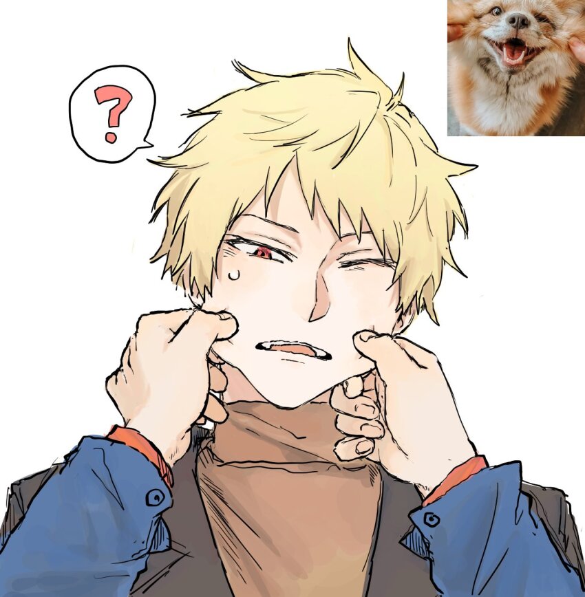 2boys, ?, atou_haruki, black_jacket, blonde_hair, brown_sweater, cheek_pull, commentary_request