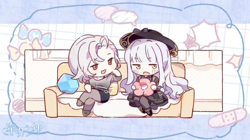 2girls, black_dress, black_pantyhose, breasts, couch, dress, elivagar_(honkai_gakuen), full_body