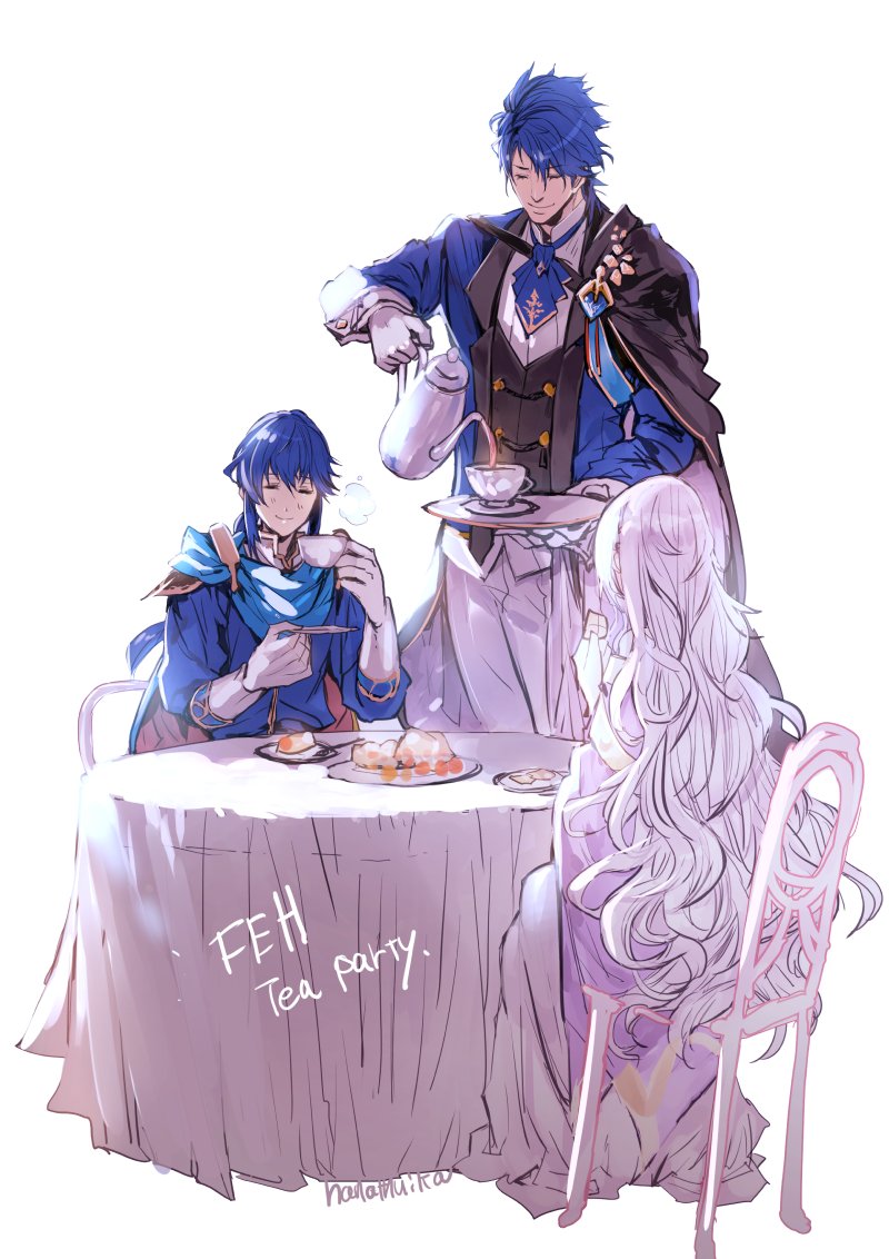 1girl, 2boys, blue_hair, chair, closed_eyes, copyright_name, cup, deirdre_(fire_emblem), father_and_child, father_and_son, fire_emblem, fire_emblem:_genealogy_of_the_holy_war, fire_emblem_heroes, holding, holding_cup, long_hair, mother_and_child, mother_and_son, multiple_boys, nanathuika, nintendo, official_alternate_costume, parent_and_child, pink_hair, ponytail, seliph_(fire_emblem), short_hair, sigurd_(fire_emblem), sigurd_(tea_party)_(fire_emblem), simple_background, sitting, table, teacup, very_long_hair, wavy_hair, white_background