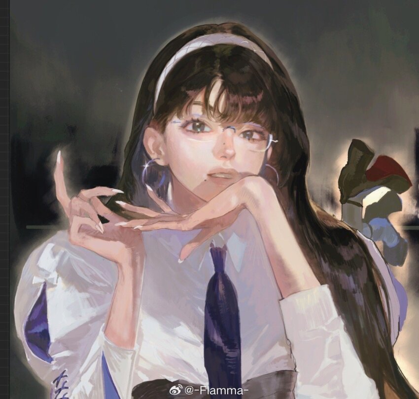 1girl, black_corset, black_footwear, blunt_bangs, brown_hair, chinese_commentary, collared_shirt, commentary_request