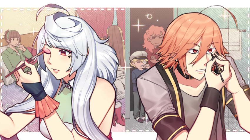 2boys, 4girls, ahoge, applying_makeup, bandage_over_one_eye, bathroom, bedroom, belt_collar