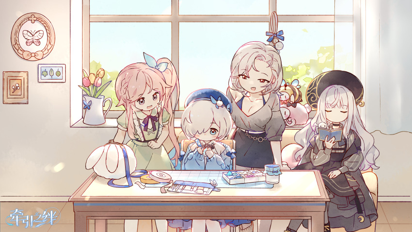 4girls, beret, black_dress, blue_eyes, book, breasts, chair, cleavage