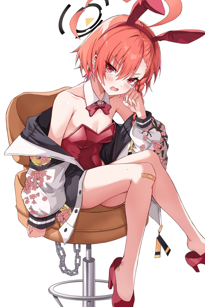 1girl, absurdres, animal_ears, armpit_crease, bandaid, bandaid_on_knee, bandaid_on_leg, bare_legs, bare_shoulders, blue_archive, blush, bow, bowtie, breasts, chair, detached_collar, fake_animal_ears, fang, halo, head_rest, high_heels, highres, jacket, knees_together_feet_apart, legs, leotard, looking_at_viewer, neru_(blue_archive), neru_(bunny)_(blue_archive), nnnn_(arca_live), off_shoulder, official_alternate_costume, on_chair, open_clothes, open_jacket, open_mouth, orange_hair, playboy_bunny, print_jacket, rabbit_ears, red_bow, red_bowtie, red_eyes, red_footwear, red_leotard, short_hair, simple_background, sitting, small_breasts, solo, strapless, strapless_leotard, white_background