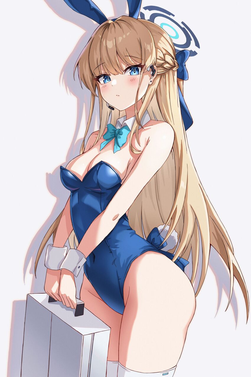 1girl, absurdres, animal_ears, aqua_bow, aqua_bowtie, bare_shoulders, blonde_hair, blue_archive, blue_eyes, blue_halo, blue_leotard, bow, bowtie, breasts, briefcase, cowboy_shot, detached_collar, drop_shadow, fake_animal_ears, fake_tail, halo, headset, highres, holding, holding_briefcase, leotard, long_hair, looking_at_viewer, medium_breasts, nnnn_(arca_live), official_alternate_costume, playboy_bunny, rabbit_ears, rabbit_tail, simple_background, solo, standing, strapless, strapless_leotard, tail, thighhighs, toki_(blue_archive), toki_(bunny)_(blue_archive), v_arms, white_background, white_thighhighs, wrist_cuffs