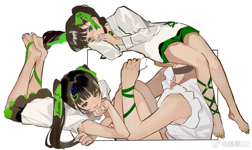 1girl, bare_shoulders, barefoot, black_skirt, blouse, blunt_bangs, bow, bright_pupils