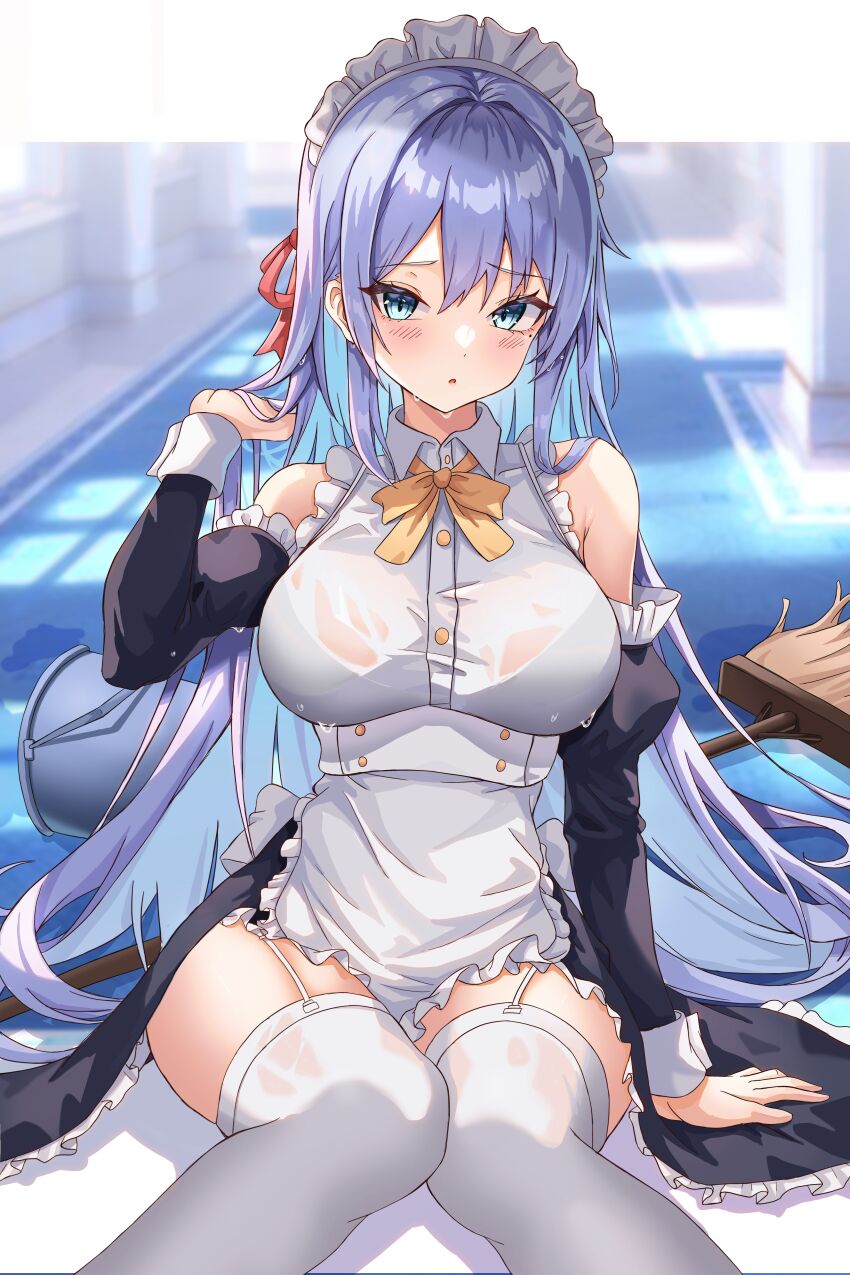 1girl, absurdres, apron, bare_shoulders, blue_eyes, blue_hair, blush, bow