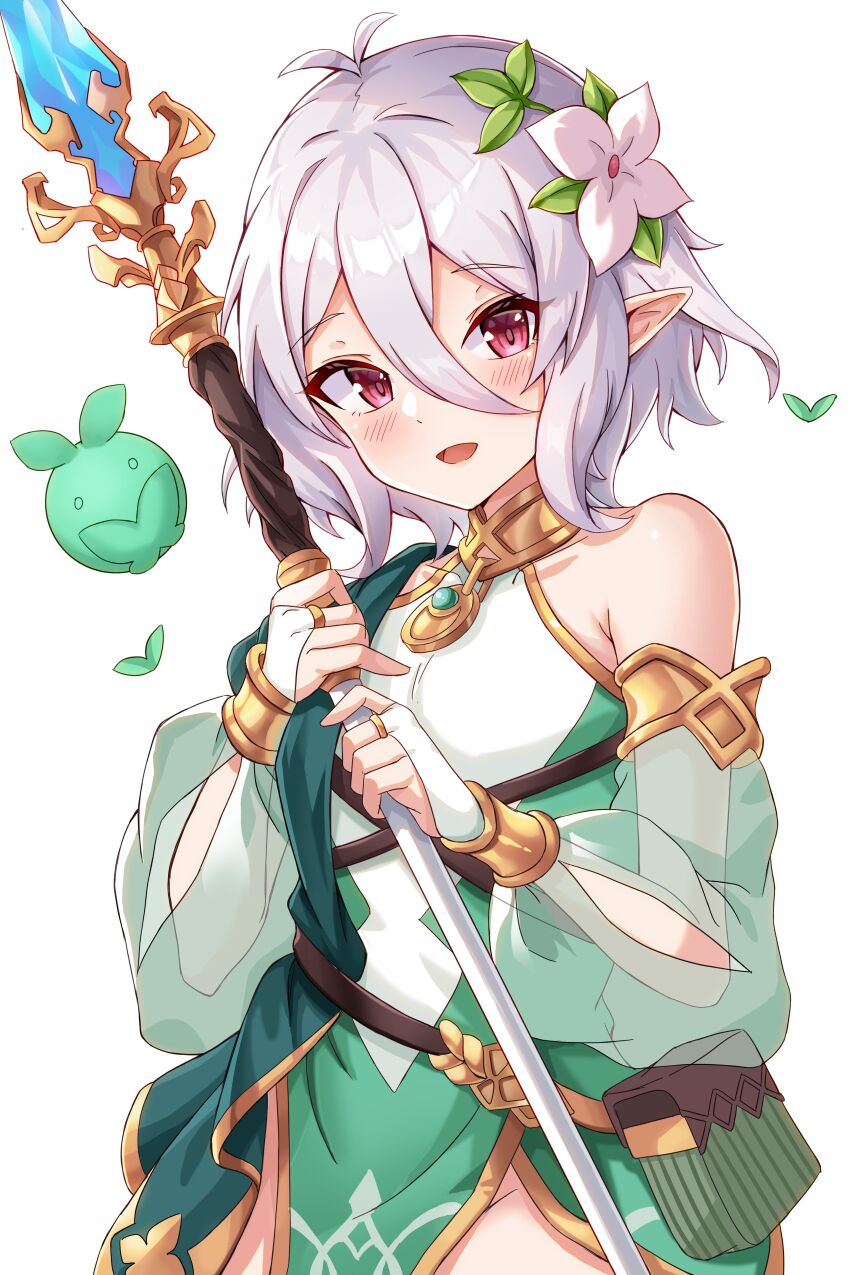 1girl, absurdres, bare_shoulders, blush, bridal_gauntlets, detached_sleeves, flower, grey_hair