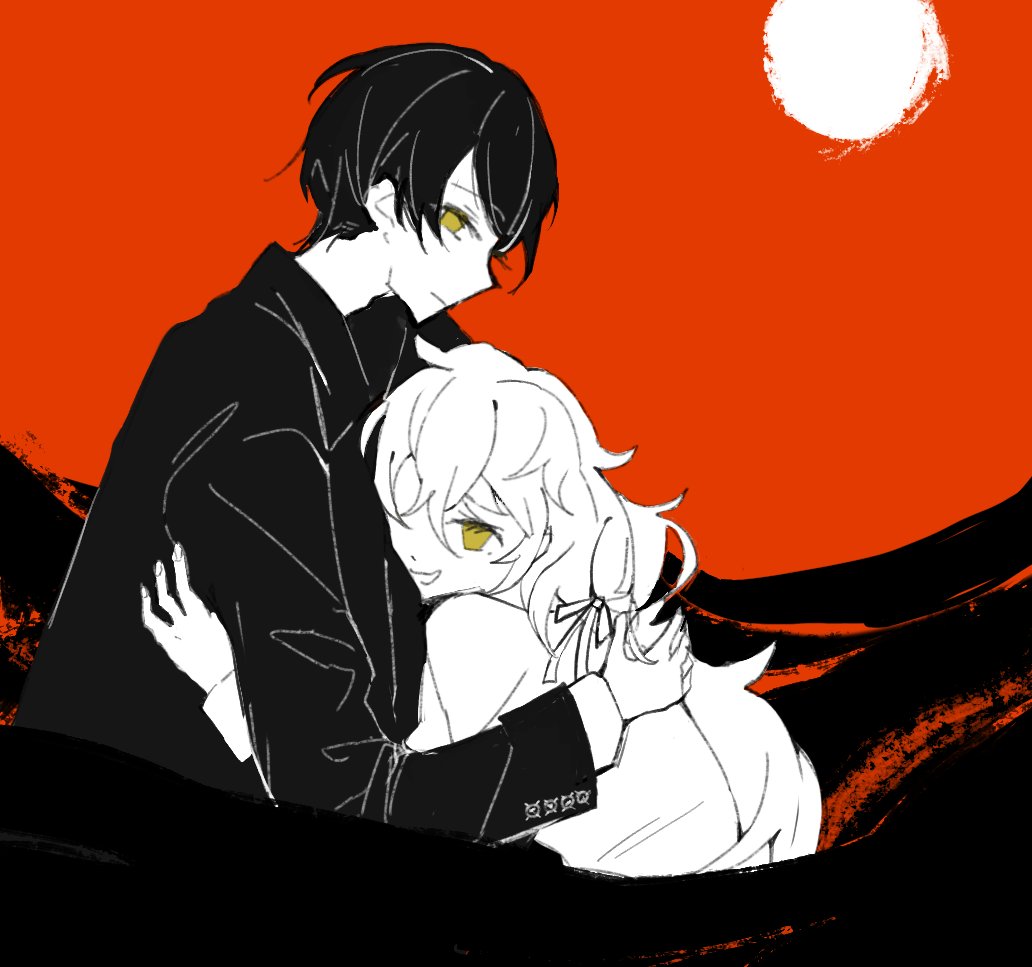 1boy, 1girl, bad_id, bad_twitter_id, black_hair, black_jacket, bow, charlotte_wiltshire, closed_mouth, collared_jacket, commentary, cowboy_shot, expressionless, fingernails, hair_bow, hashtag-only_commentary, height_difference, hello_charlotte, hug, jacket, layered_sleeves, leaning_forward, long_hair, long_sleeves, looking_at_viewer, mole, mole_under_eye, ocean, open_mouth, partially_submerged, red_sky, shengji, shirt, short_hair, sky, smile, sun, very_long_hair, vincent_wordsworth, white_hair, white_shirt, yellow_eyes