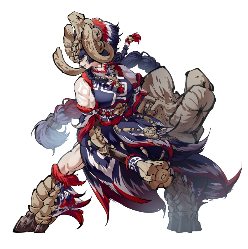 1girl, absurdres, blue_hair, blue_lips, braid, braided_ponytail, curled_horns, full_body