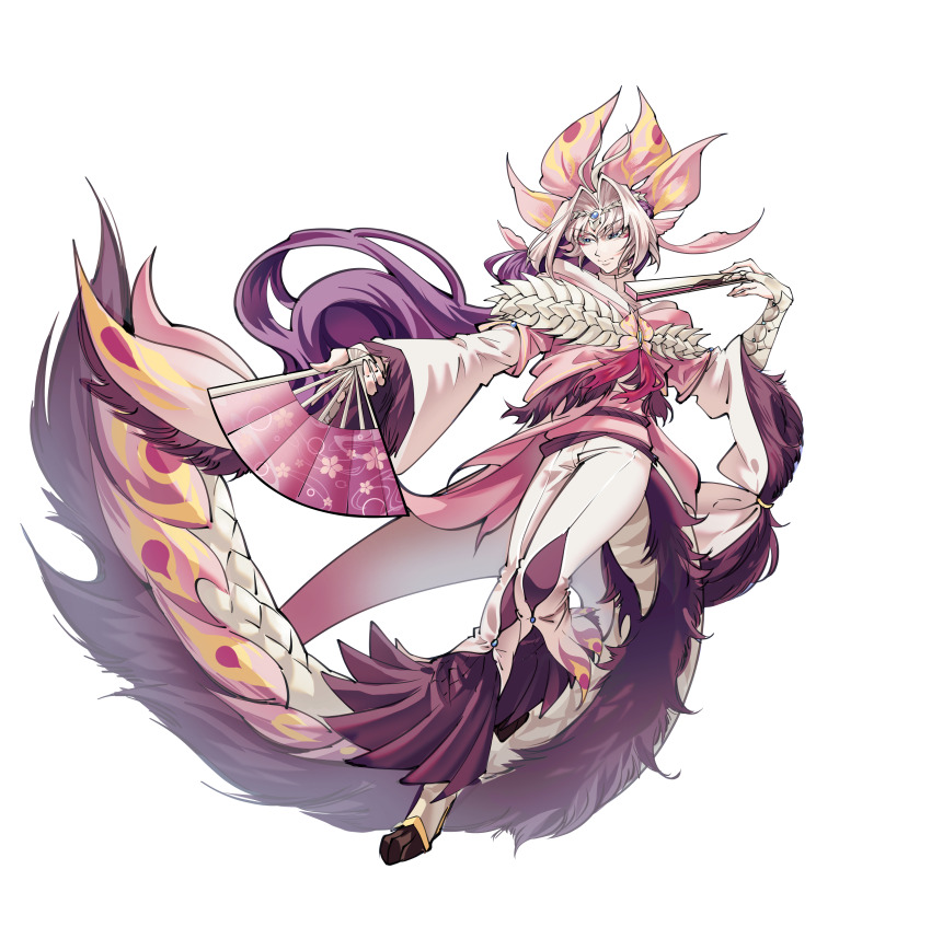 1girl, absurdres, blue_eyes, facial_mark, fins, fur-trimmed_sleeves, fur_trim, hand_fan