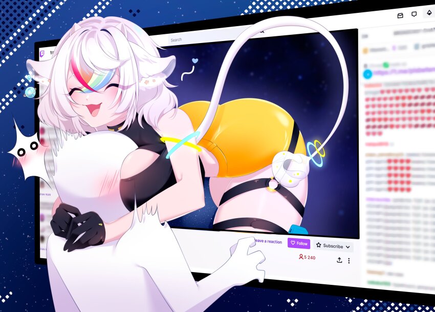 1girl, 1other, absurdres, aerigomoo, animal_ears, belt, between_breasts, black_belt, black_gloves, black_shirt, blush, breasts, cleavage_cutout, closed_eyes, clothing_cutout, gloves, head_between_breasts, highres, indie_virtual_youtuber, multicolored_hair, o-ring, open_mouth, rainbow_hair, second-party_source, shirt, shorts, tail, thigh_belt, thigh_strap, through_medium, through_screen, twitch.tv, virtual_youtuber, white_hair, yellow_shorts, zujima