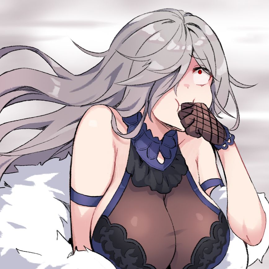 1girl, :i, arm_strap, armpit_crease, bare_shoulders, black_gloves, breasts, cleavage