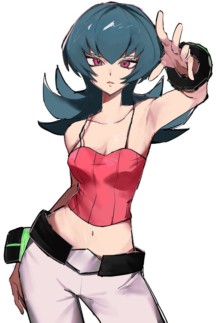 1girl, belt, black_belt, blue_hair, camisole, collarbone, commentary, crop_top, flipped_hair, fukuzawa_(huku486), highres, looking_at_viewer, medium_hair, midriff, navel, nintendo, pants, parted_lips, pokemon, pokemon_heartgold_and_soulsilver, red_camisole, red_eyes, sabrina_(pokemon), simple_background, solo, standing, white_background, white_pants, wristband
