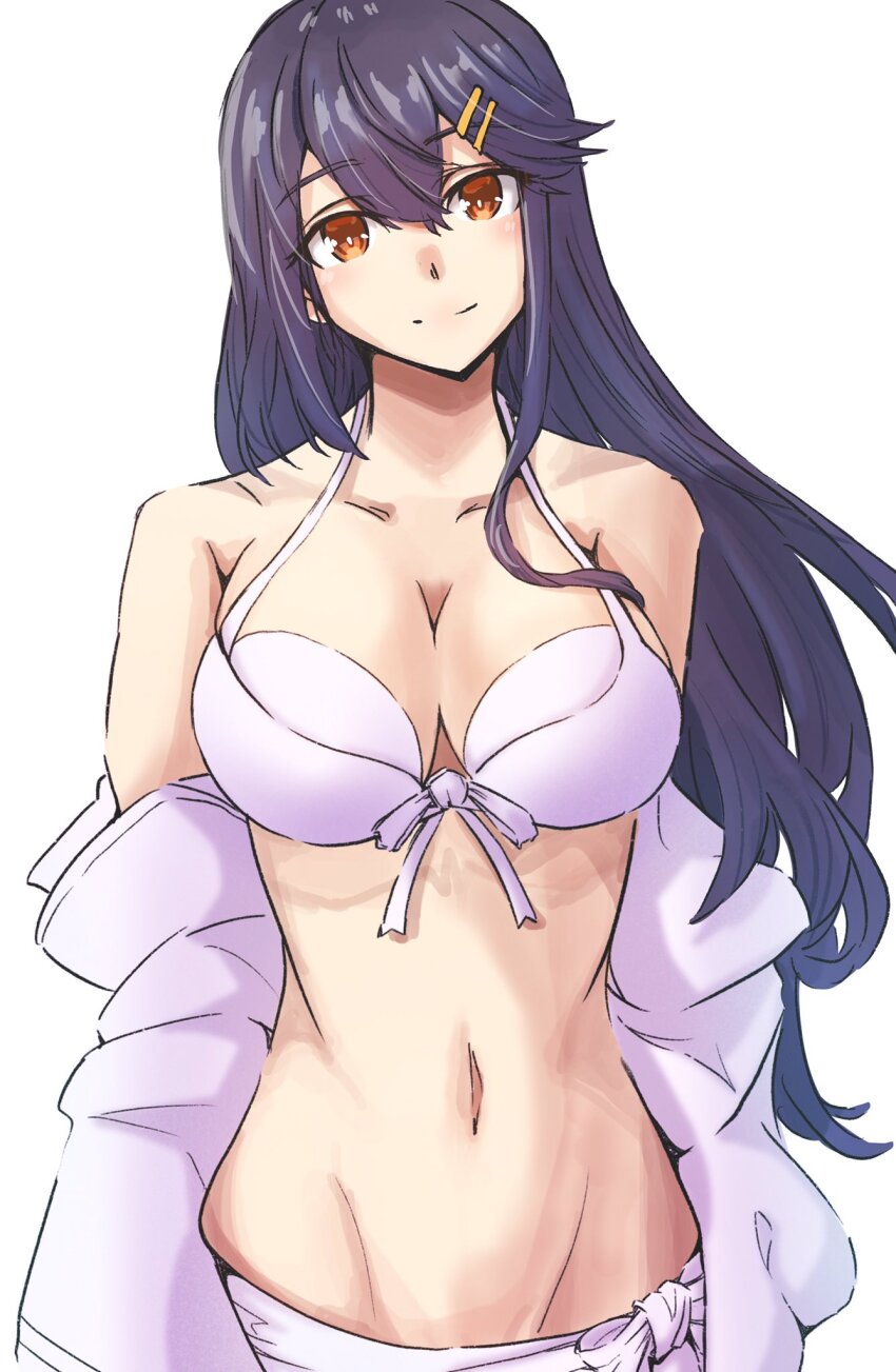 1girl, bare_shoulders, bikini, black_hair, breasts, brown_eyes, cardigan, cleavage