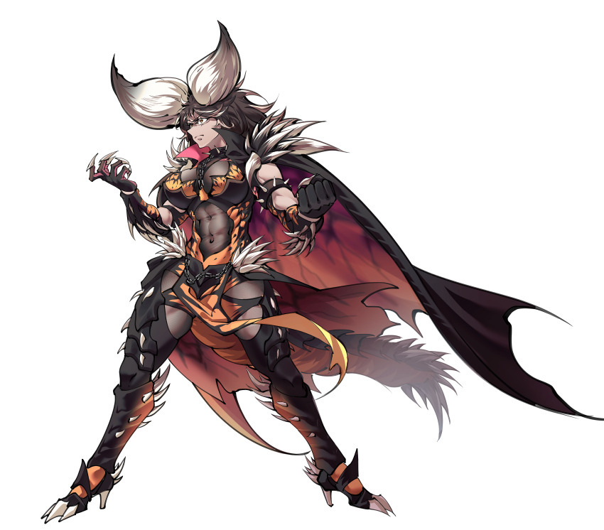 1girl, abs, absurdres, breasts, brown_hair, cape, claws, collar