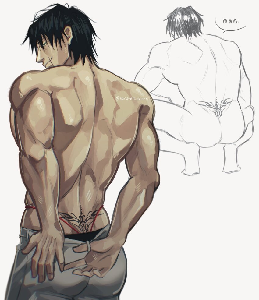 1boy, artist_name, back, bara, black_hair, cowboy_shot, english_text, fushiguro_toji, grey_pants, highres, jujutsu_kaisen, looking_at_viewer, looking_back, mature_male, multiple_views, muscular, muscular_male, pants, scar, scar_on_face, scar_on_mouth, short_hair, sketch_inset, twitter_username, ushy_(narutoss_ramen), white_background
