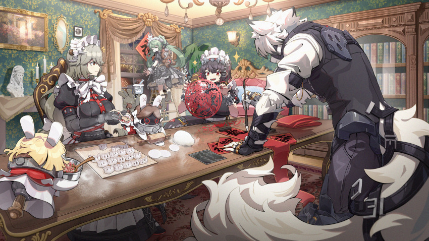 >_<, 1boy, 3girls, absurdres, alexandrina_sebastiane, animal_bag, animal_ears, apron, bangboo_(zenless_zone_zero), bear_bag, belt, black_dress, black_gloves, black_hair, bloomers, bookshelf, boots, bowl, breasts, brown_belt, bust_(sculpture), calligraphy, calligraphy_brush, candlestand, chain, chair, chandelier, chinese_commentary, chinese_new_year, chinese_paper-cut, closed_eyes, collared_vest, colored_inner_hair, commentary_request, corin_wickes, couch, curtains, dress, dumpling, ear_piercing, ellen_joe, fingerless_gloves, fins, fireworks, fish_tail, food, frilled_wristband, furry, furry_male, gloves, glue, green_hair, grey_hair, hair_between_eyes, hairband, highres, holding, holding_bowl, holding_paper, holding_rolling_pin, hyny, indoors, juliet_sleeves, knee_boots, ladder, long_hair, long_sleeves, looking_at_another, low-tied_long_hair, maid, maid_apron, maid_headdress, metal_hairband, mole, mole_under_eye, multicolored_hair, multiple_girls, nail_polish, night, notice_lines, open_mouth, paintbrush, pants, paper, partially_fingerless_gloves, piercing, prosthesis, prosthetic_leg, puffy_short_sleeves, puffy_sleeves, red_eyes, red_hair, red_nails, rolling_pin, screw_hair_ornament, shark_girl, shark_tail, sharp_teeth, short_hair, short_sleeves, sitting, smile, sparkle, spiked_headband, standing, stepladder, table, tail, tail_belt, teeth, twintails, underwear, very_long_hair, vest, von_lycaon, wall_lamp, white_apron, white_bloomers, white_hair, window, wolf_boy, wolf_ears, wolf_tail, zenless_zone_zero