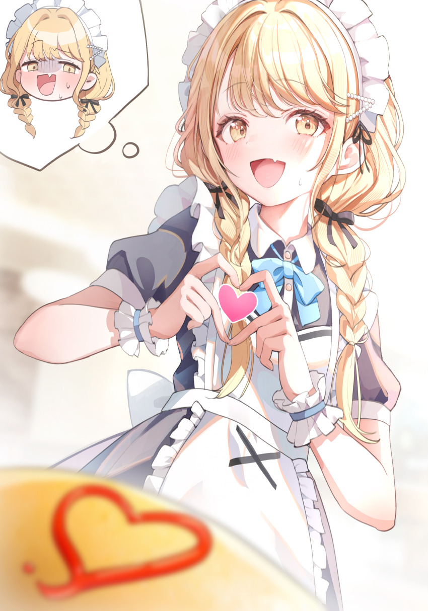 1girl, four-finger_heart_hands, absurdres, alternate_costume, apron, aqua_bow, aqua_bowtie, black_dress