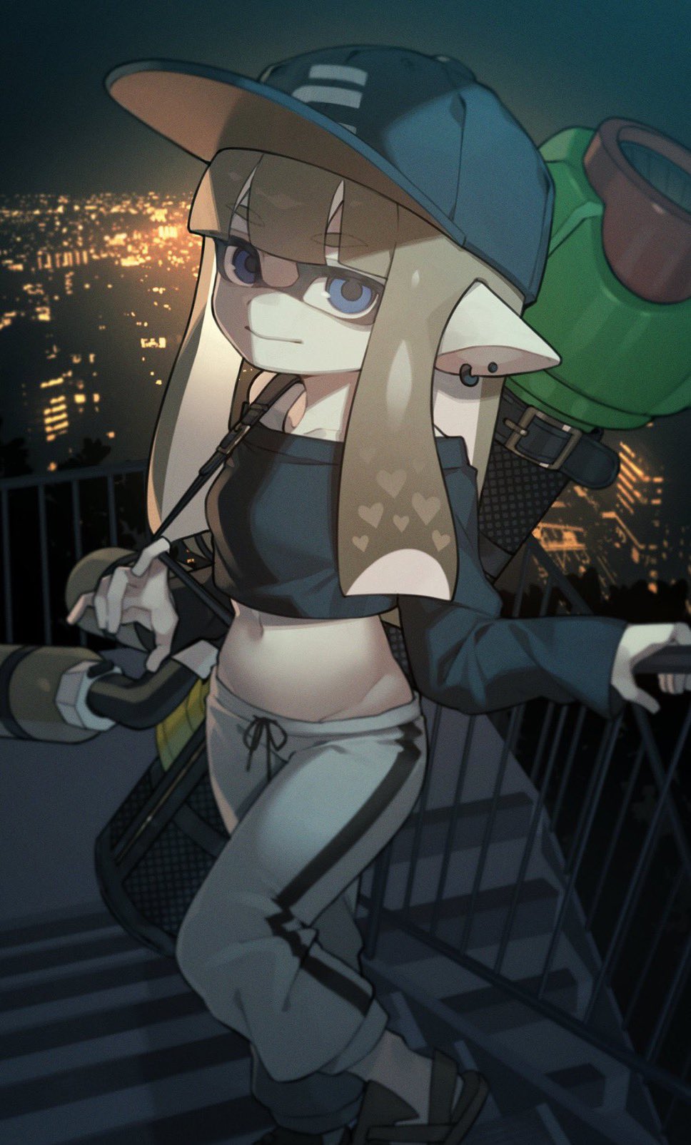 1girl, backpack, bag, baseball_cap, black_bag, black_hat, black_shirt, blue_eyes, blunt_bangs, bra_strap, brown_sandals, city_lights, cityscape, closed_mouth, commentary_request, commission, commissioner_upload, crop_top, earrings, feet_out_of_frame, film_grain, grey_pants, groin, hand_on_railing, hat, highres, inkling, inkling_girl, inkling_player_character, inkzooka_(splatoon), jewelry, light_brown_hair, light_smile, long_hair, long_sleeves, looking_at_viewer, midriff, multiple_earrings, navel, nintendo, no_socks, off-shoulder_shirt, off_shoulder, on_stairs, outdoors, pants, pointy_ears, prat_rat, sandals, second-party_source, shirt, solo, splatoon_(series), standing, sweatpants, tentacle_hair, thick_eyebrows, weapon, weapon_on_back