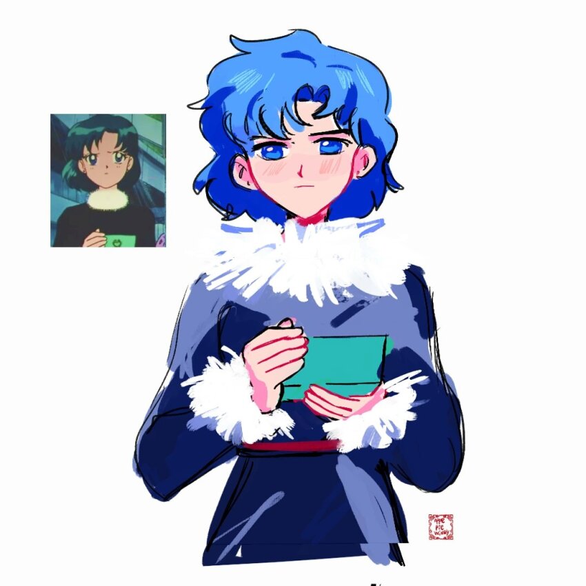 1girl, applepiewinry, artist_logo, bishoujo_senshi_sailor_moon, blue_coat, blue_eyes, blue_hair, coat, commentary, derivative_work, english_commentary, fur-trimmed_coat, fur_collar, fur_trim, holding, logo, looking_afar, mizuno_ami, official_alternate_costume, screenshot_inset, screenshot_redraw, short_hair, simple_background, solo, standing, super_computer_(sailor_moon), white_background