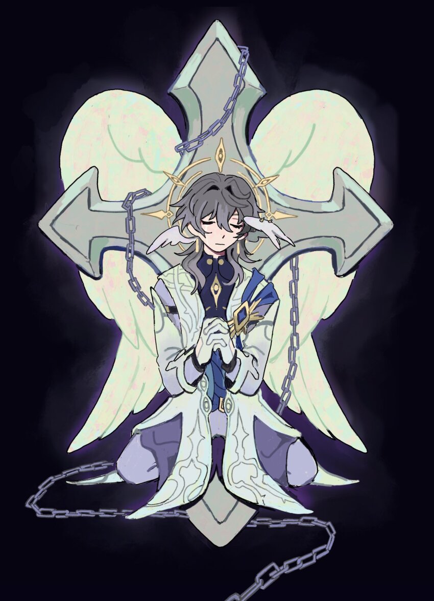 1boy, chain, closed_eyes, closed_mouth, coat, cross, earrings, facing_viewer