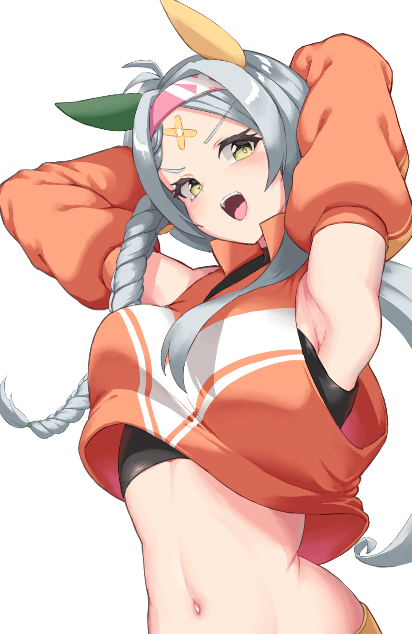 1girl, animal_ears, armpits, arms_behind_back, arms_up, bandaid, blush, breasts