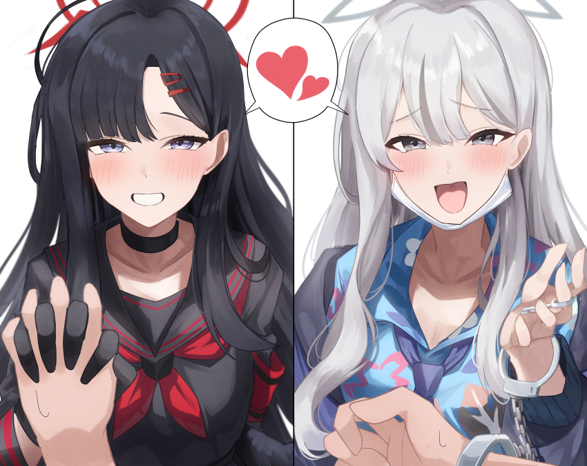 2girls, absurdres, black_choker, black_gloves, black_hair, black_sailor_collar, black_serafuku, black_shirt