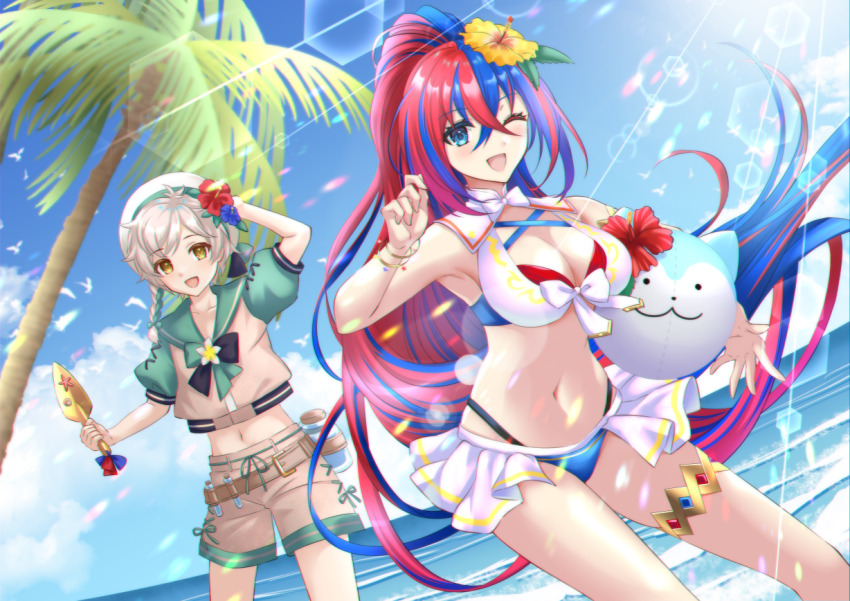 1boy, 1girl, female_alear_(fire_emblem), beach, bikini, blue_bikini, blue_eyes, blue_hair