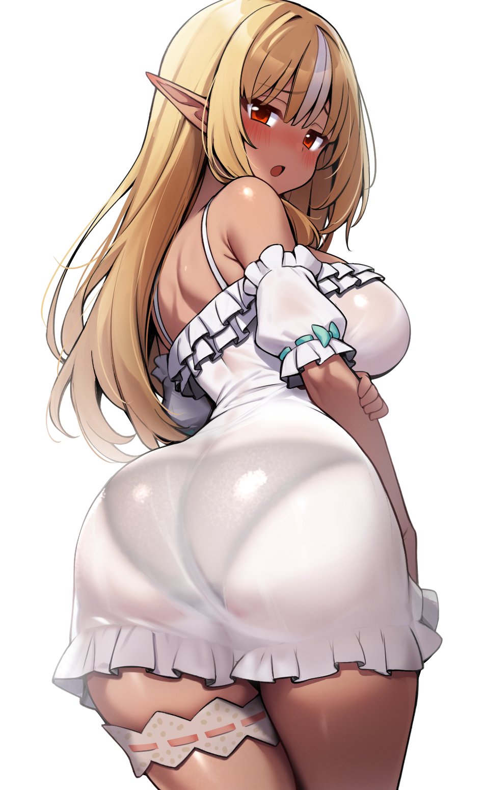 1girl, ass, back, bare_shoulders, blonde_hair, breasts, cowboy_shot, dark-skinned_female, dark_elf, dark_skin, dress, elf, frilled_dress, frills, from_behind, highres, hololive, large_breasts, light_blush, long_hair, looking_at_viewer, looking_back, multicolored_hair, open_mouth, panties, pointy_ears, red_eyes, sakanaya_(sakanaya952), see-through_clothes, see-through_dress, shiranui_flare, shiranui_flare_(loungewear), short_dress, solo, sundress, thigh_strap, thighs, underwear, virtual_youtuber, white_background, white_dress