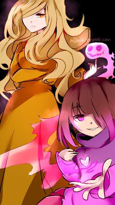 agate_lightvale, akumu_(glitchtale), bete_noire, brown_hair, dress, glitchtale, kumu_(glitchtale), long_hair