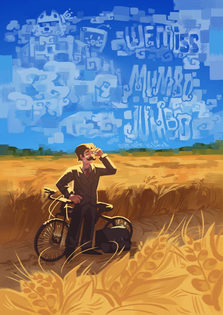 1boy, bag, bicycle, cloud, daftaiyo, english_text, facial_hair, formal_clothes, grumbot, hermitcraft, highres, male_focus, minecraft_youtube, mumbo_jumbo_(youtuber), mustache, necktie, outdoors, rendog, scenery, sky, solo, standing, suit, wheat