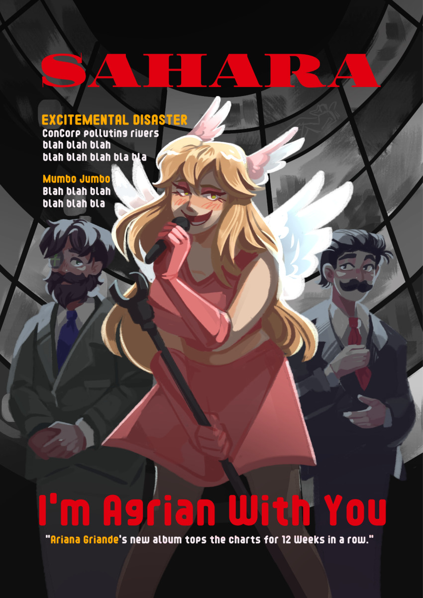 1girl, 2boys, ariana_griande_(hermitcraft), breasts, crop_top, daftaiyo, english_text, fake_magazine_cover