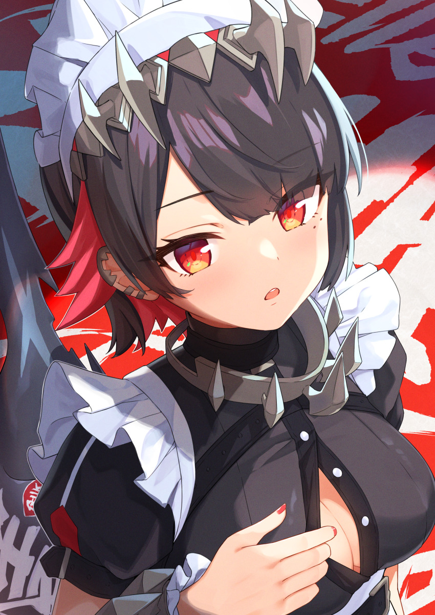 1girl, absurdres, black_hair, breasts, cleavage, colored_inner_hair, ear_piercing, ellen_joe