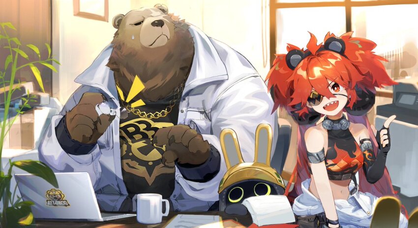 1boy, 1girl, :d, ahoge, animal_ear_hairband, animal_ears, armlet, asymmetrical_gloves