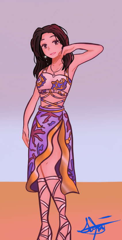 1girl, alcohol-free_(twice), animification, brown_hair, collarbone, crop_top, high_heels, jihyo_(twice), k-pop, medium_hair, parted_lips, purple_skirt, randogrl, real_life, signature, skirt, smile, solo, twice_(group), white_footwear