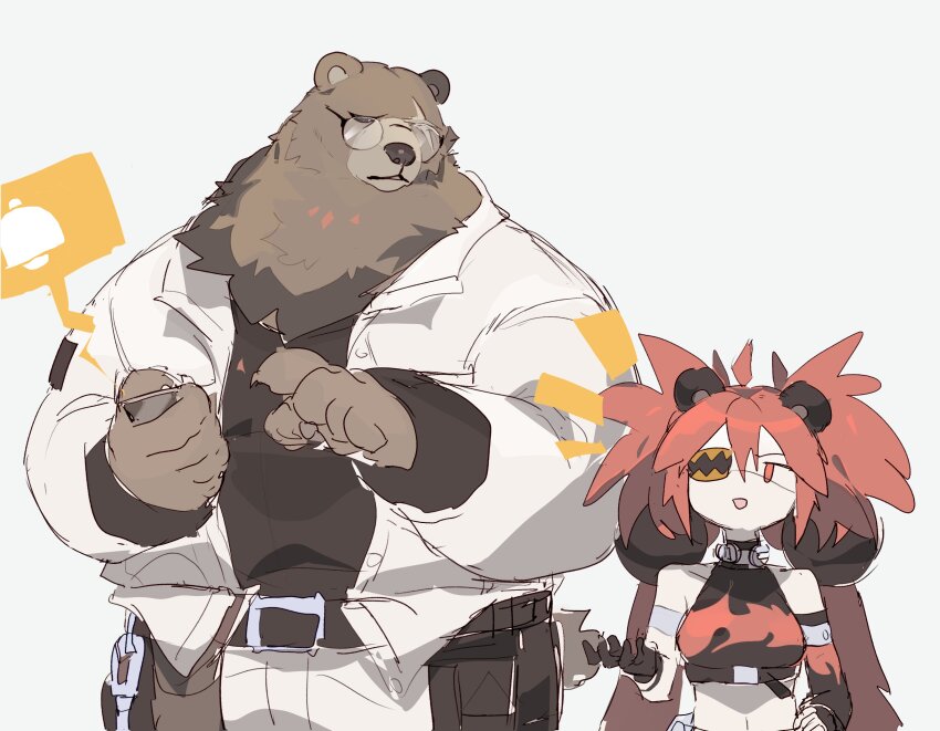 1boy, 1girl, absurdres, ahoge, animal_ears, asymmetrical_gloves, bear_boy, bear_ears, belt, belt_buckle, belt_pouch, ben_bigger, black_belt, black_gloves, black_shirt, body_fur, brown_fur, buckle, cellphone, claws, collar, crop_top, elbow_gloves, eyepatch, fake_animal_ears, fingerless_gloves, flame_print, furry, furry_male, glasses, gloves, hair_between_eyes, hair_ornament, hand_on_own_hip, hand_up, hands_up, hashtag-only_commentary, highres, holding, holding_phone, jacket, koleda_belobog, long_hair, long_sleeves, looking_at_another, looking_down, looking_to_the_side, loss_kim, low_twintails, metal_collar, midriff, notice_lines, one_eye_covered, open_clothes, open_jacket, open_mouth, phone, pouch, print_shirt, red_eyes, scar, scar_across_eye, scar_on_face, shirt, sidelocks, simple_background, sleeveless, sleeveless_shirt, smartphone, speech_bubble, sphere_hair_ornament, standing, twintails, two_side_up, uneven_gloves, white_background, white_jacket, zenless_zone_zero
