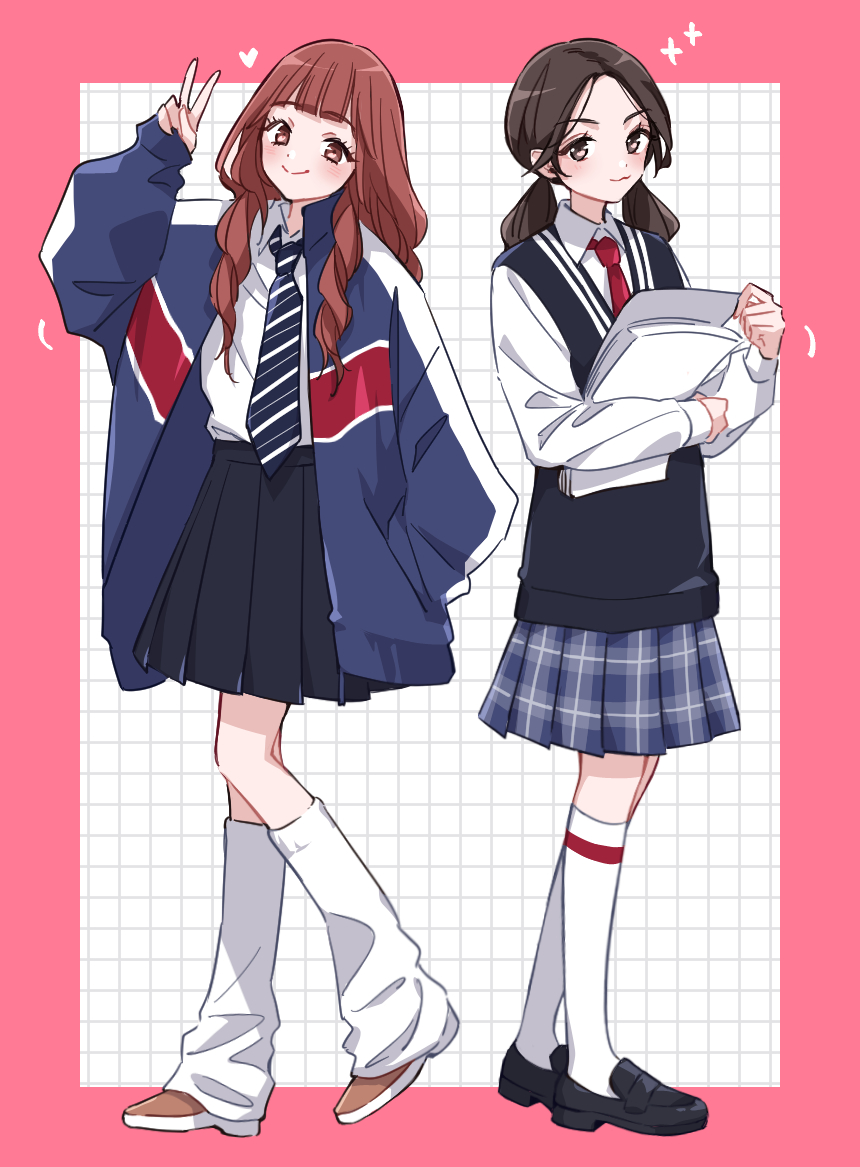 2girls, :3, black_footwear, black_skirt, black_vest, blue_jacket, blue_necktie, blue_skirt