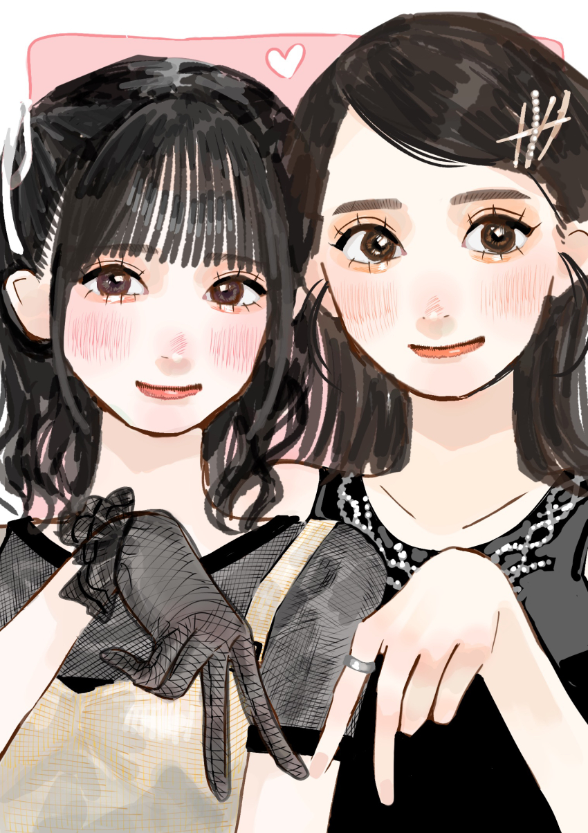 2girls, black_gloves, black_hair, black_shirt, blush, border, breasts, brown_dress, brown_hair, collarbone, dress, gloves, hair_behind_ear, hair_ribbon, heart, highres, iida_shizuku, ishii_ran, jewelry, looking_at_viewer, me:i, multiple_girls, outside_border, pink_background, real_life, red_lips, ribbon, ring, shirt, sleeveless, sleeveless_shirt, small_breasts, smile, v, white_border, white_ribbon, yugone