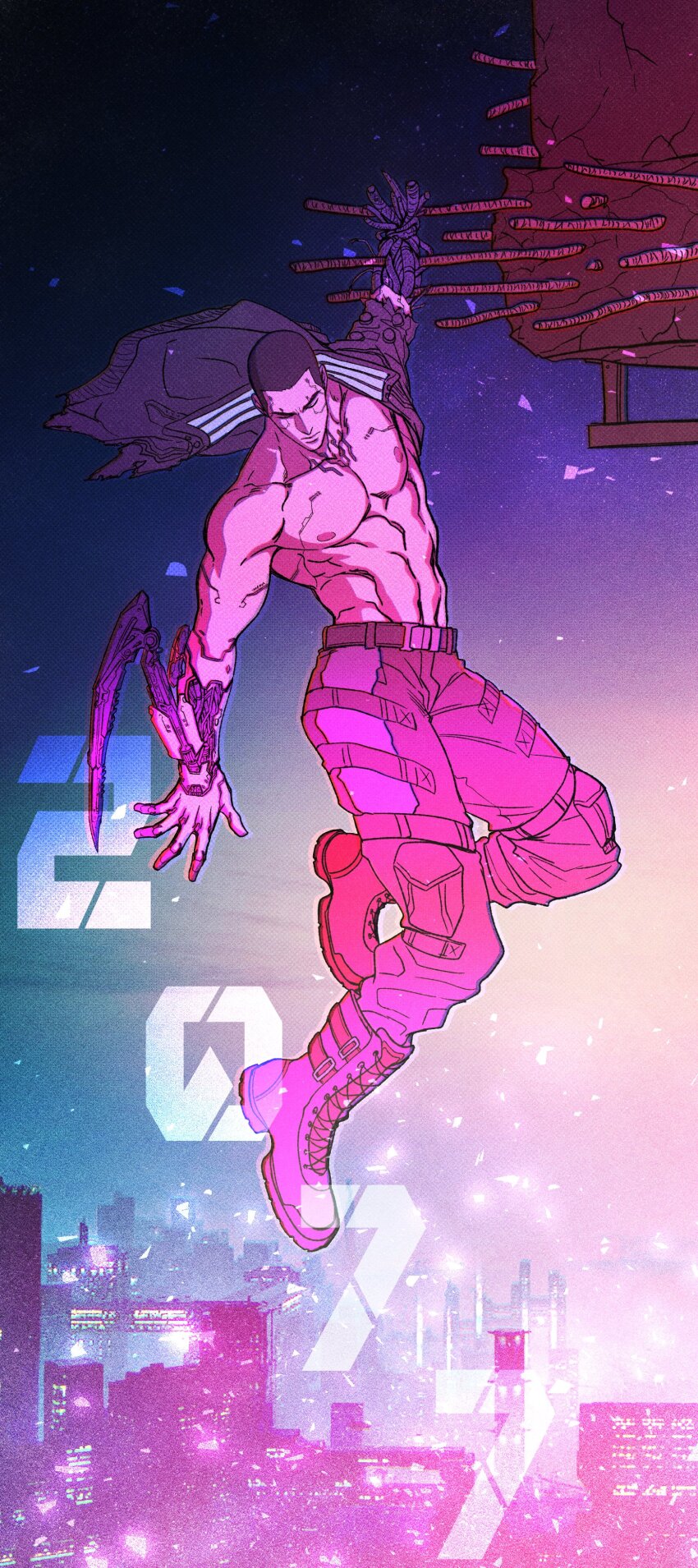 1boy, absurdres, bara, belt, bgp_122, black_belt, black_hair, buzz_cut