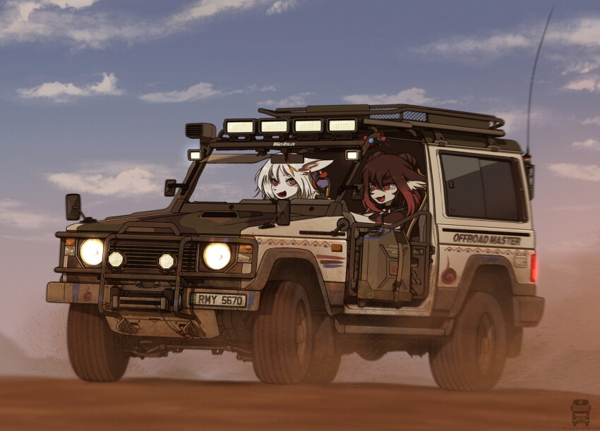2girls, animal_ear_fluff, animal_ears, animal_nose, brown_eyes, brown_hair, car, cloud, commentary, dirt, driving, english_commentary, fox_ears, fox_girl, furry, furry_female, grey_car, grey_hair, highres, hyundai, hyundai_galloper, license_plate, merqrous, motor_vehicle, multiple_girls, open_mouth, original, radio_antenna, sky, smile, sports_utility_vehicle