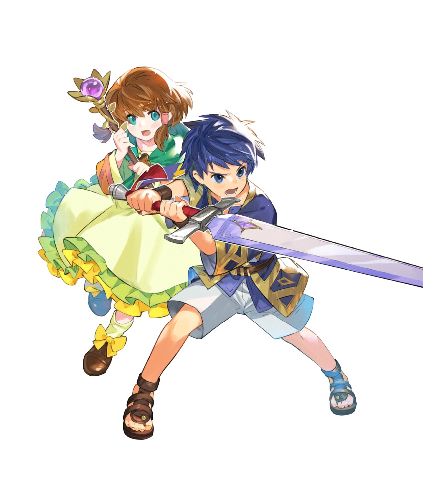 1boy, 1girl, blue_eyes, blue_hair, bracelet, brooch, brown_hair, capelet