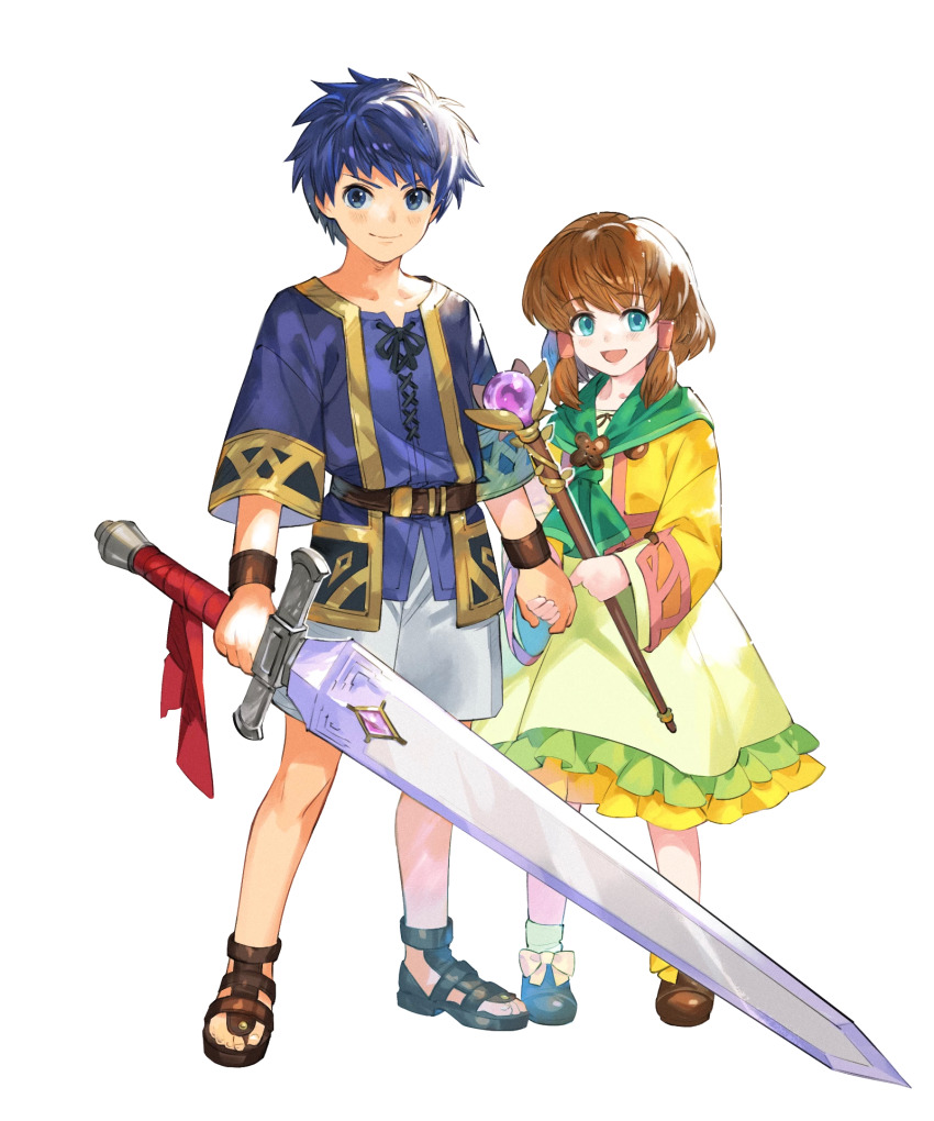 1boy, 1girl, blue_eyes, blue_hair, bracelet, brooch, brown_hair, capelet, child, dress, fire_emblem, fire_emblem:_path_of_radiance, fire_emblem_heroes, green_capelet, highres, holding, holding_hands, holding_staff, holding_sword, holding_weapon, ike_(close-knit_siblings)_(fire_emblem), ike_(fire_emblem), jewelry, mist_(close-knit_siblings)_(fire_emblem), mist_(fire_emblem), nintendo, non-web_source, official_art, sandals, short_hair, shorts, siblings, staff, sword, taroji, transparent_background, weapon, white_shorts, yellow_dress